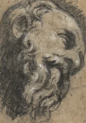 Studie nach Michelangelos Heiliger Damian, ca. zwischen 1545 und 1550 (schwarze Kreide, mit Weiß auf beigem Papier gehöht)